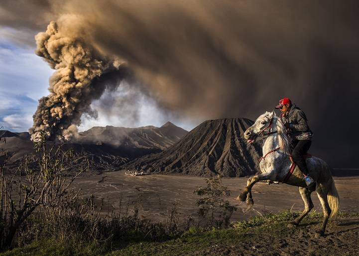 This picture was taken during Mt. Bromo eruption, the horse seems a little agitated due to the sound of the eruption.